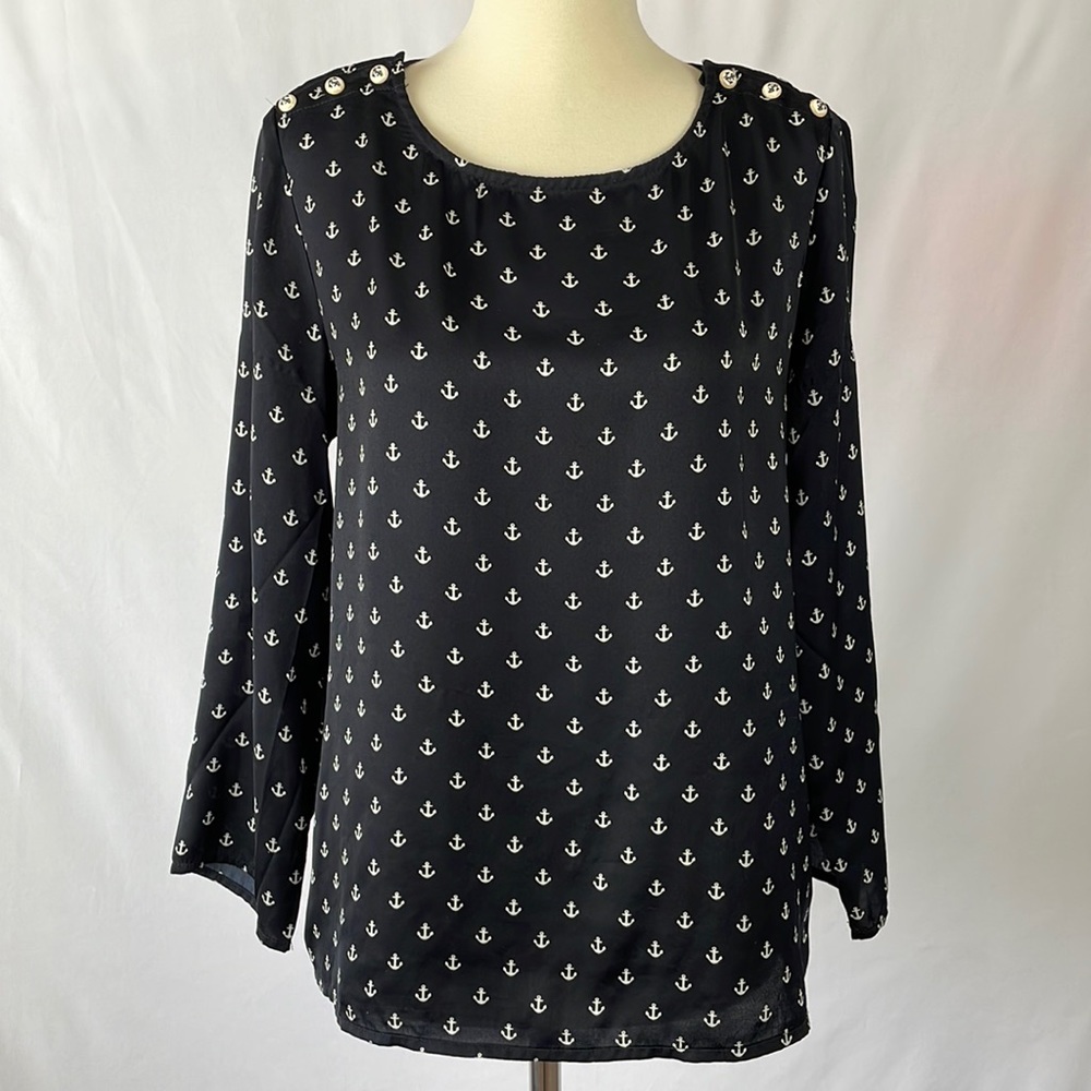 Cynthia Rowley Black Blouse with 3/4 Length Sleeves and White Anchors - Small